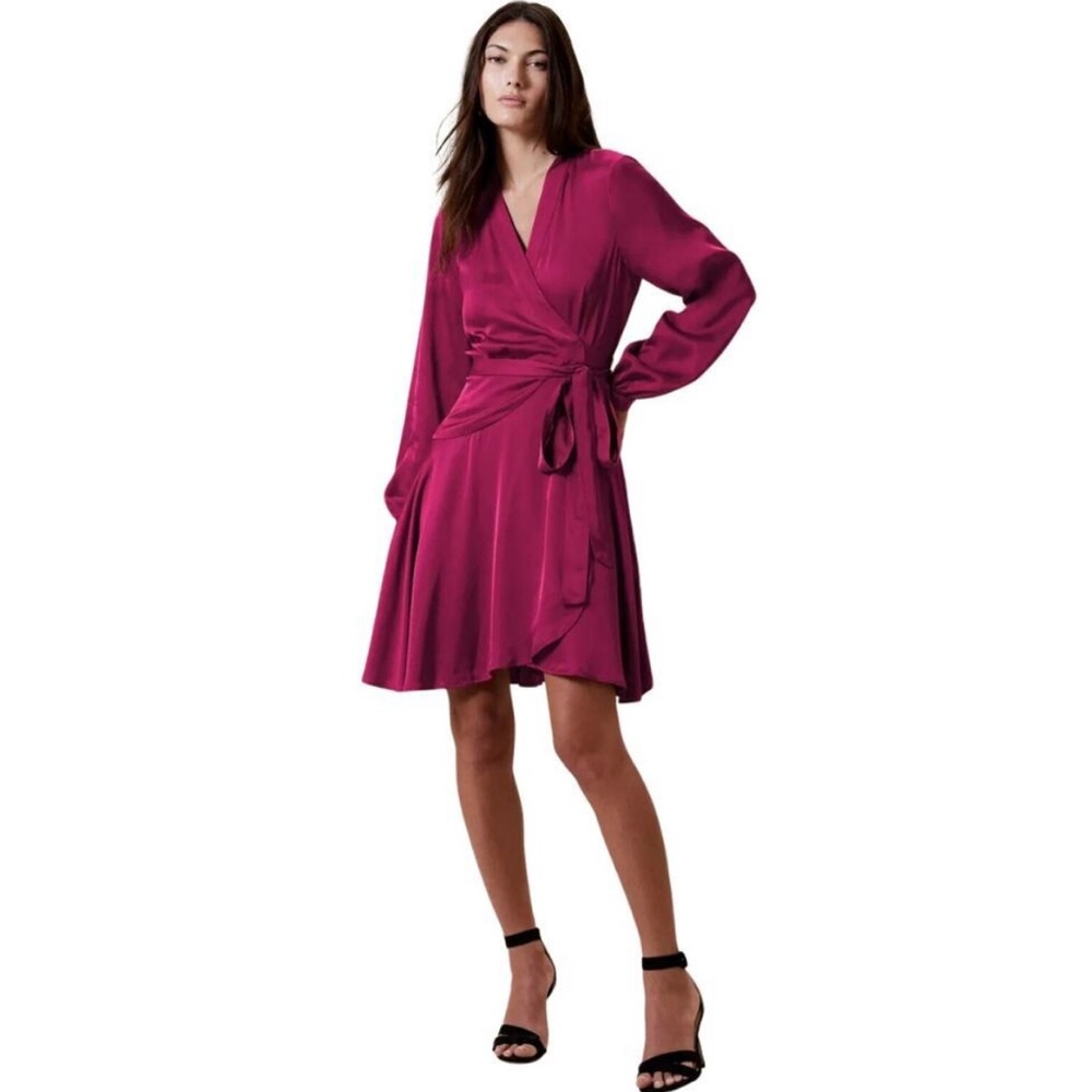 Banana Republic Dress Womens Small Pink Mini Satin Wrap Waist Tie Long Sleeve